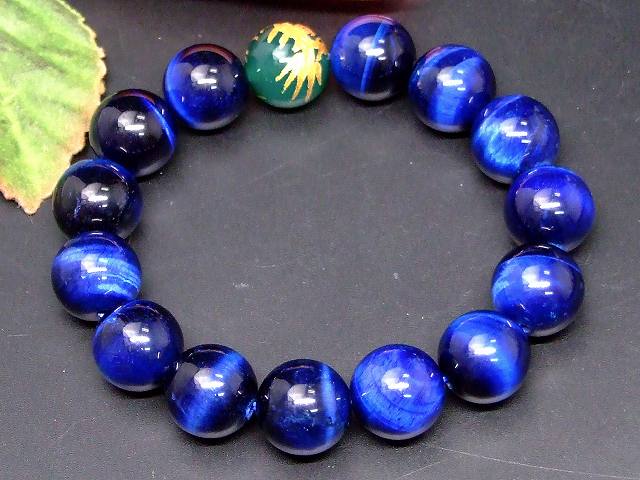 66272　　今月の半額 わけあり 14mm マリンブルータイガーアイ 緑瑪瑙 龍 金彫り ブレスレット 内径18cm ポーチ付き 送料無料 天然石 パワーストーン