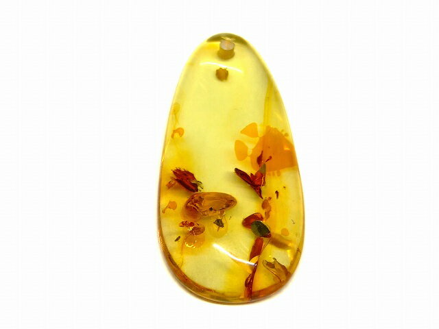 65961　　花アンバー 琥珀 34mm×17mm AA 1個売り ルース 裸石 穴あり ペンダントトップ 送料無料 メキ..