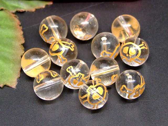 66065　　水晶 10mm 1粒売り ドクロ 髑髏 どくろ 金彫り クリスタル クォーツ 送料無料有 ブラジル産 天然石 パワーストーン