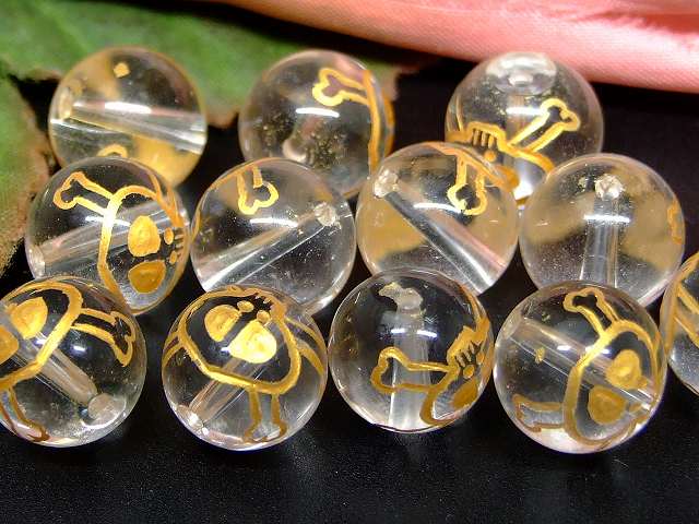66065　　水晶 10mm 1粒売り ドクロ 髑髏 どくろ 金彫り クリスタル クォーツ 送料無料有 ブラジル産 天然石 パワーストーン