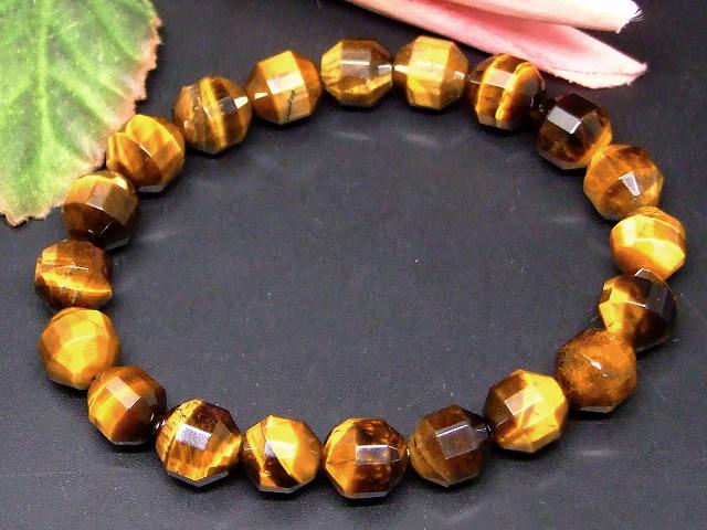 g3-2101R　　イエロータイガーアイ 黄虎目石 10mm カット ブレスレット 内径調整可 送料無料 天然石 パワーストーン