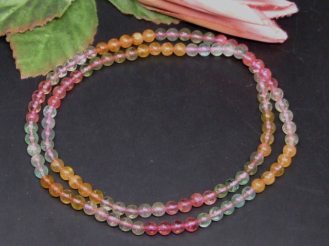 66954　　ミックストルマリン 電気石 5mm AAAA 三重ブレスレット ネックレス 長さ53cm 送料無料 ブラジル産 天然石 パワーストーン