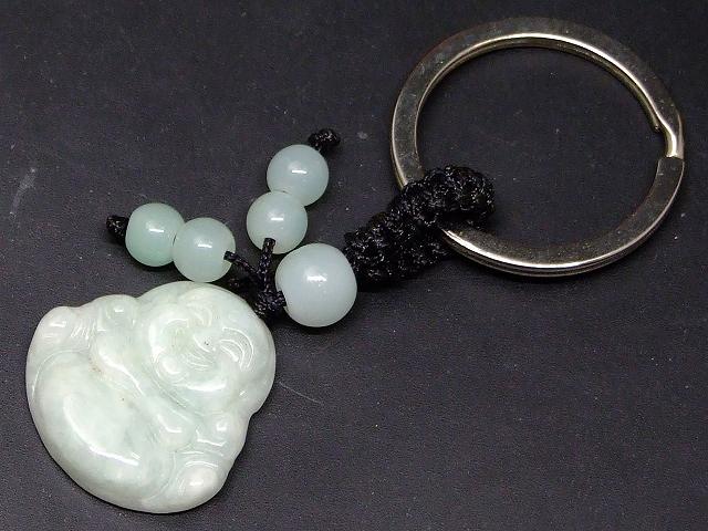 66854　　ミャンマー翡翠 キーホルダー 25mm／8mm／6mm 1個売り 七福神 布袋 笑門来福 カバン飾り お守..