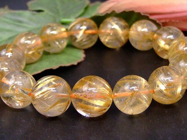 67538　　タイチンルチルクォーツ 針水晶 14mm〜15mm AA ブレスレット 内径18cm ポーチ付き 送料無料 ブラジル産 天然石 パワーストーン