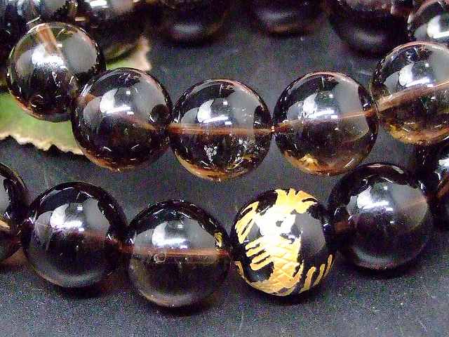 67632　　今月の半額 わけあり 14mm スモーキークォーツ オニキス 龍彫り 金彫り ブレスレット 内径18cm 茶水晶 送料無料 ブラジル産 天然石 パワーストーン