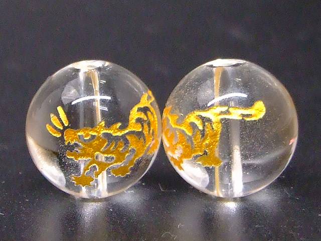 67331　　白虎彫り 水晶 金彫り 12mm 1粒売り クリスタル クォーツ 送料無料有 天然石 パワーストーン