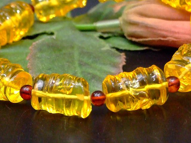 67521　　アンバー 琥珀 19mm〜17mm×11mm／4mm ブレスレット 内径19cm 笹の葉 竹 邪気払い ポーチ付き 送料無料 メキシコ産 天然石 パワーストーン