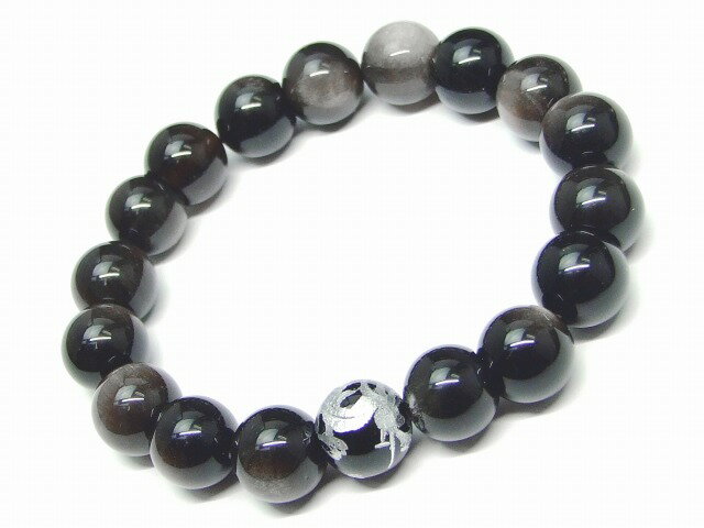 g3-390R　　今月の半額 わけあり 12mm 銀 シルバーオブシディアン オニキス 龍 銀彫り ブレスレット 内径18cm 鑑別済・本物保証 ポーチ付き 送料無料 天然石 パワーストーン