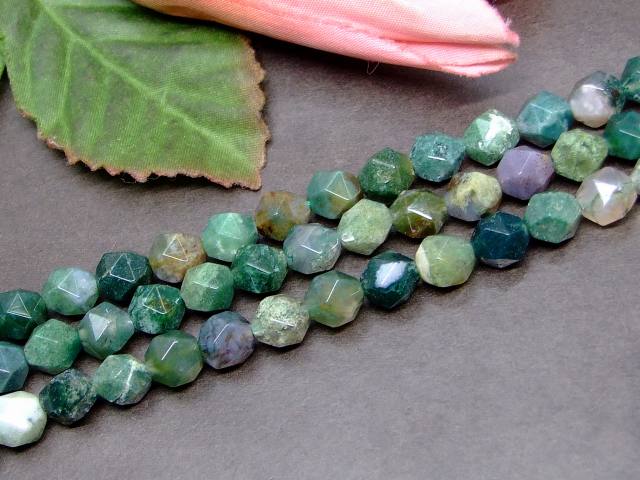 g3-153B　　モスアゲート 苔瑪瑙 8mm スターカット 少面 1連38cm 通し針、解説書、1mゴム付き 送料無料 天然石 パワーストーン