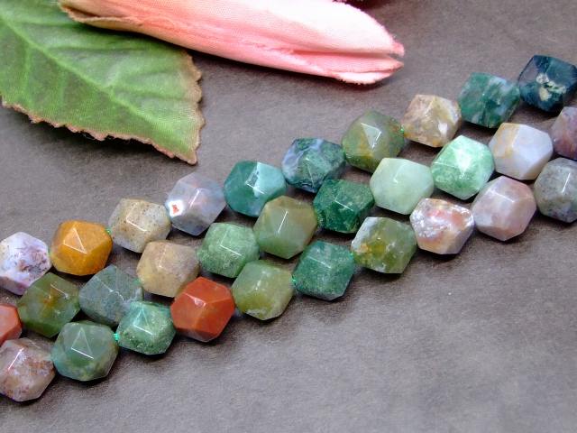 g3-153C　　モスアゲート 苔瑪瑙 10mm スターカット 少面 1連38cm 通し針、解説書、1mゴム付き 送料無料 天然石 パワーストーン