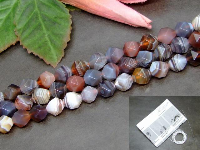 g3-3398　　ボツワナアゲート 瑪瑙 メノウ 10mm スターカット 1連37cm 通し針、解説書、1mゴム付き 送..