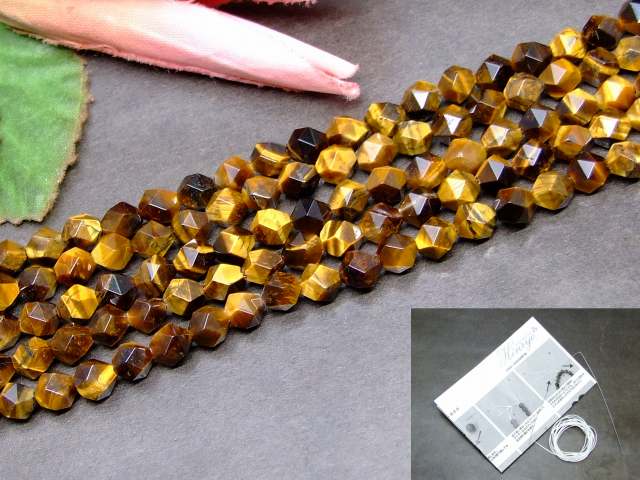 g3-2102　　今月25％OFF イエロータイガーアイ 黄虎目石 6mm スターカット 1連38cm 通し針、解説書、1mゴム付き 送料無料 南アフリカ共和国産 天然石 パワーストーン