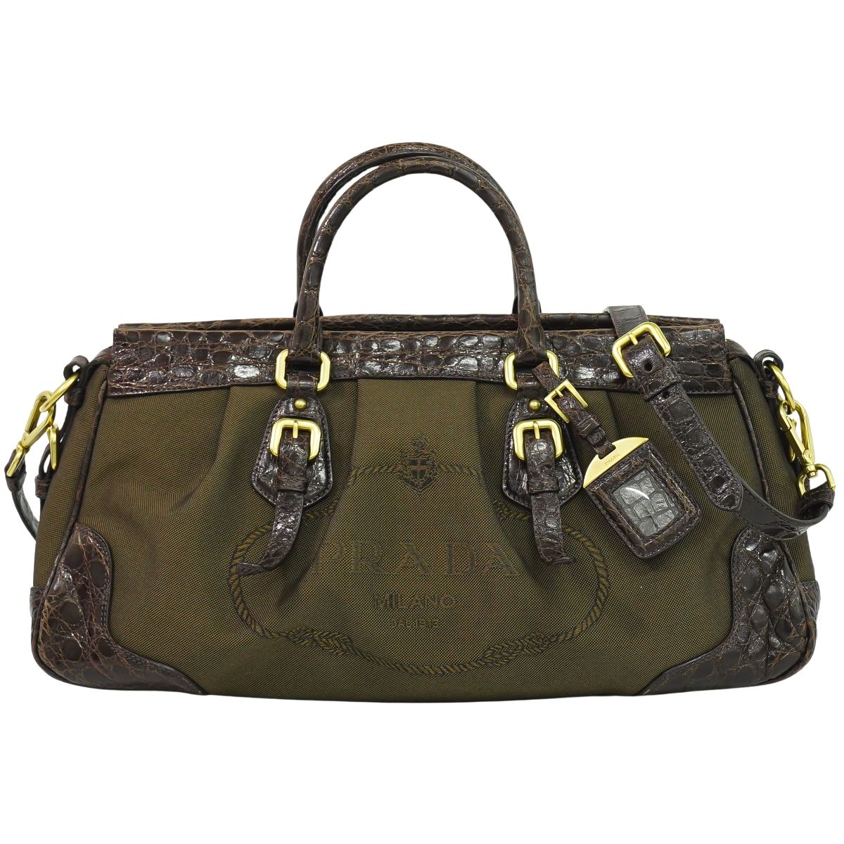 楽天BRAND BOX本物 プラダ PRADA ロゴ 2WAY ショルダーバッグ ハンドバッグ ポシェット キャンバス クロコダイルレザー ブラウン バッグ 中古・