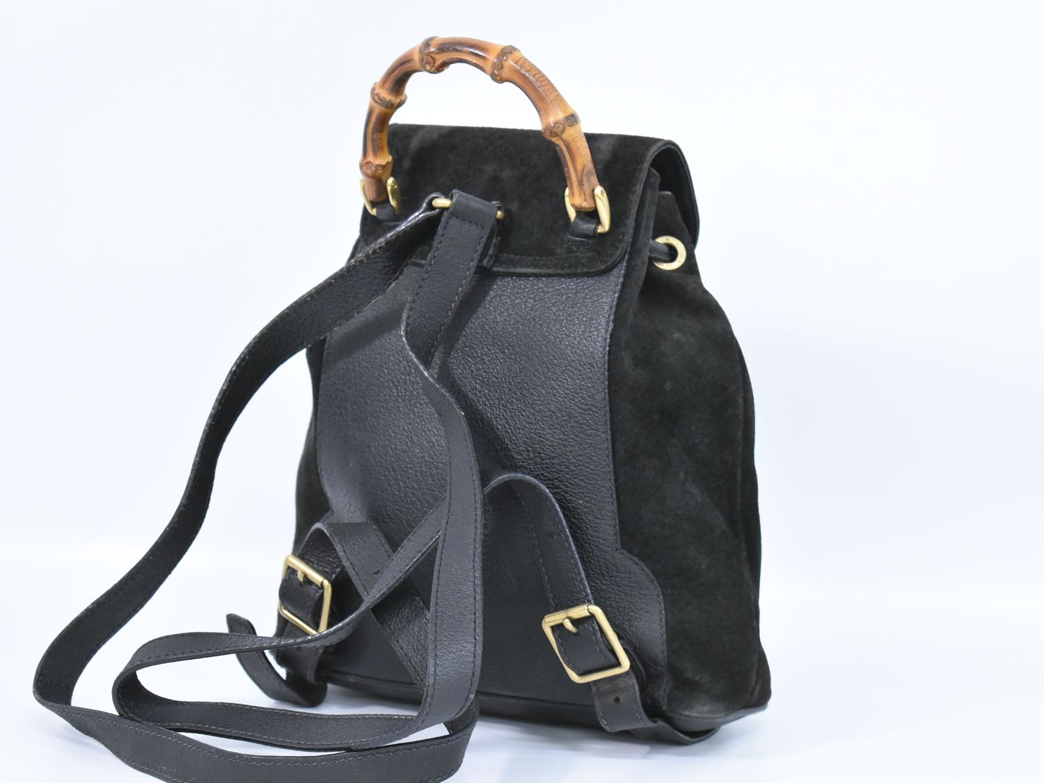 本物 グッチ GUCCI バンブー リュックサック バックパック スエード レザー ブラック Bamboo バッグ 中古