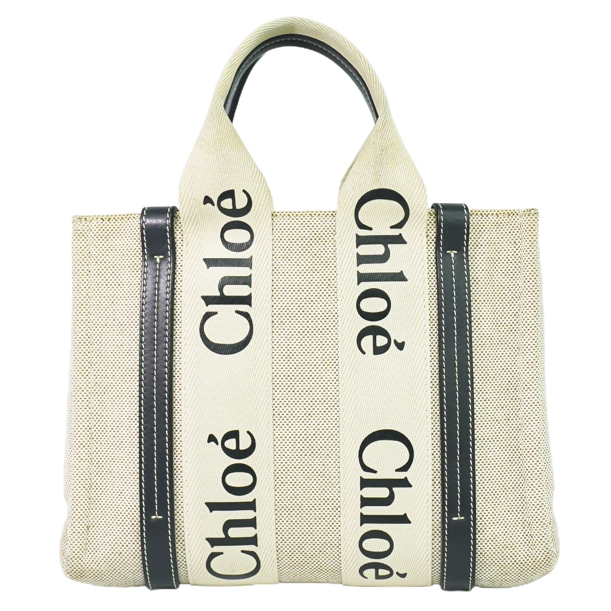 楽天BRAND BOX本物 クロエ Chloe ウッディ スモール トートバッグ ハンドバッグ キャンバス ベージュ ネイビー Woody バッグ 中古