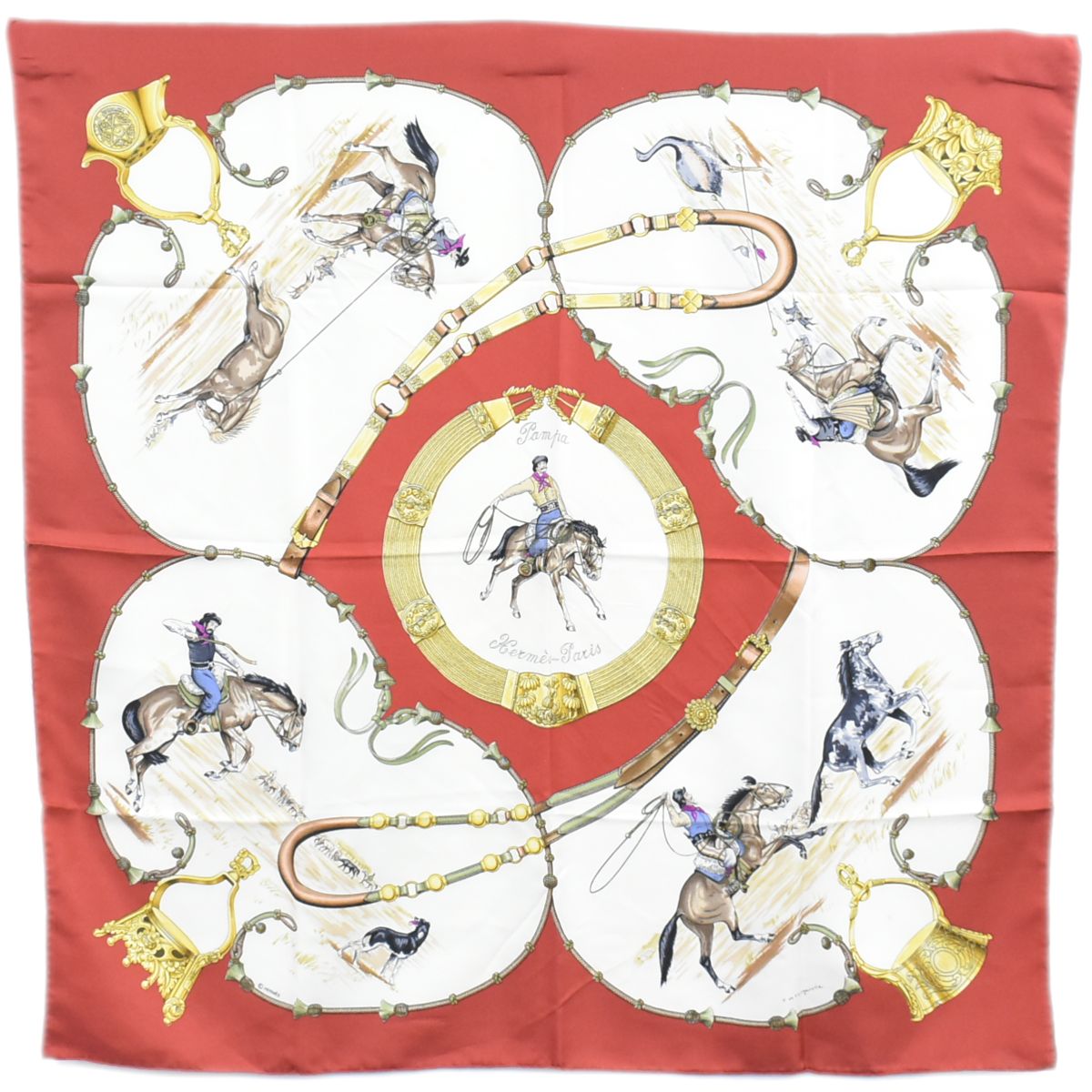 本物 エルメス HERMES スカーフカレ カレ90 Pampa 大草原 スカーフ ショール バンダナ シルク レッド ホワイト 服飾小物 中古