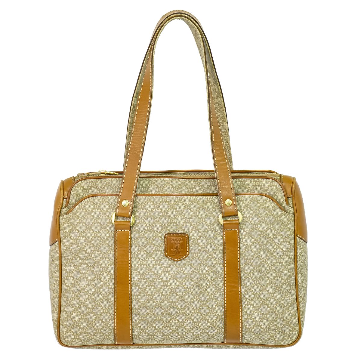 本物 セリーヌ CELINE マカダム トートバッグ ハンドバッグ PVC ベージュ ブラウン Macadam バッグ 中古