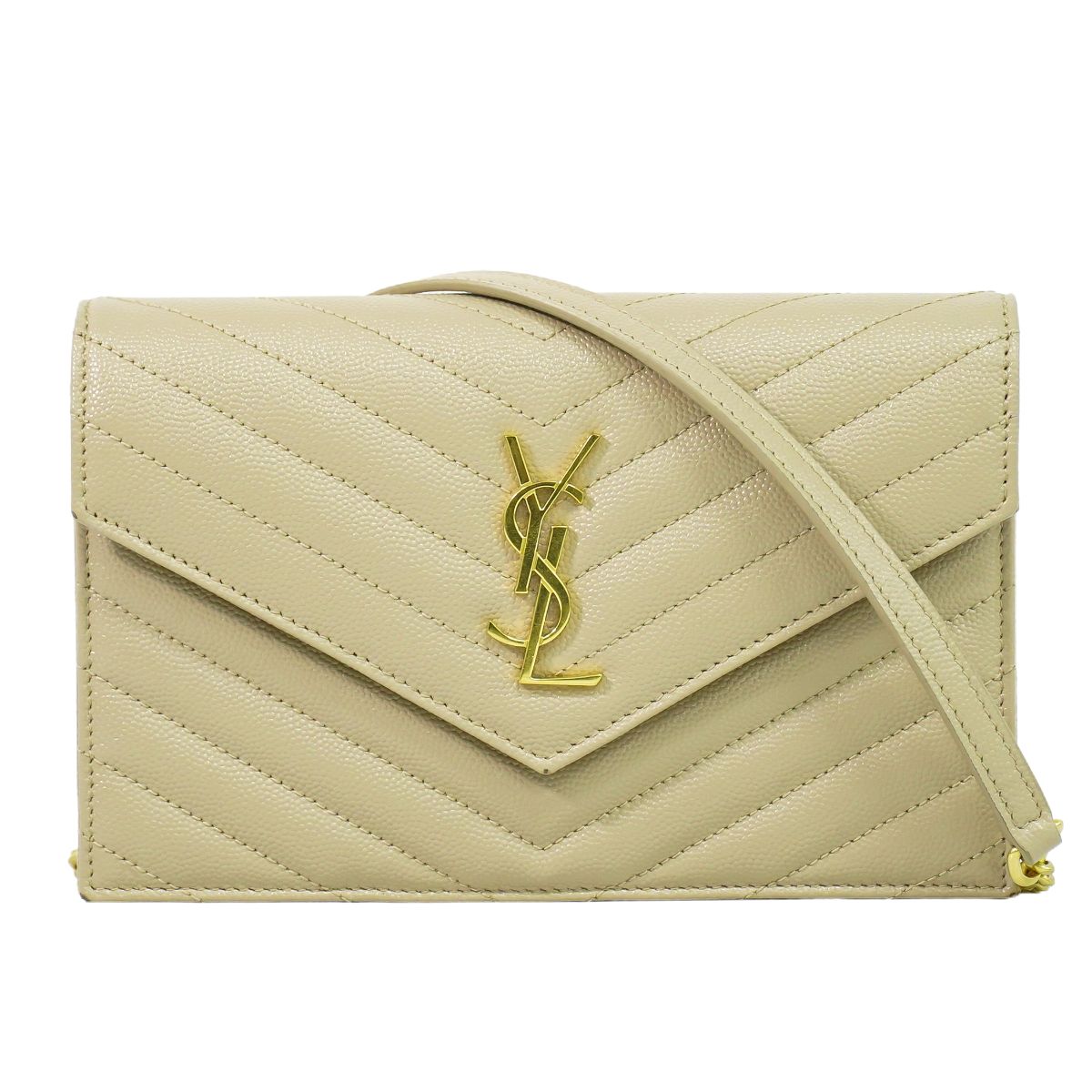 本物 サンローラン SAINT LAURENT エンベロープ チェーン ショルダーウォレット ポシェット レザー ベージュ 財布 ウォレット バッグ 中古
