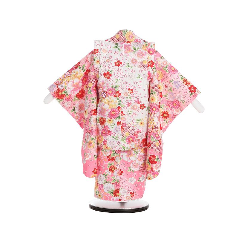 【レンタル】七五三 2歳 数え3歳 90サイズ 女の子 レンタル 着物 被布 ピンク・鹿の子 桜 菊 753 (6015)