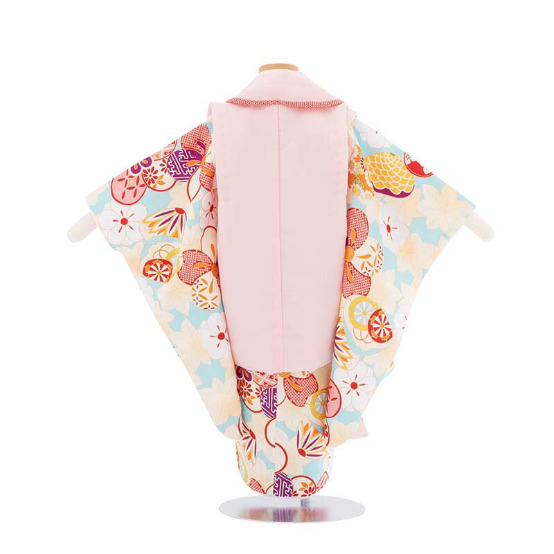 【レンタル】七五三 3歳 100 サイズ 女の子 レンタル 着物 被布 ピンク/パステルブルー ねじ梅取り古典柄 (6060)