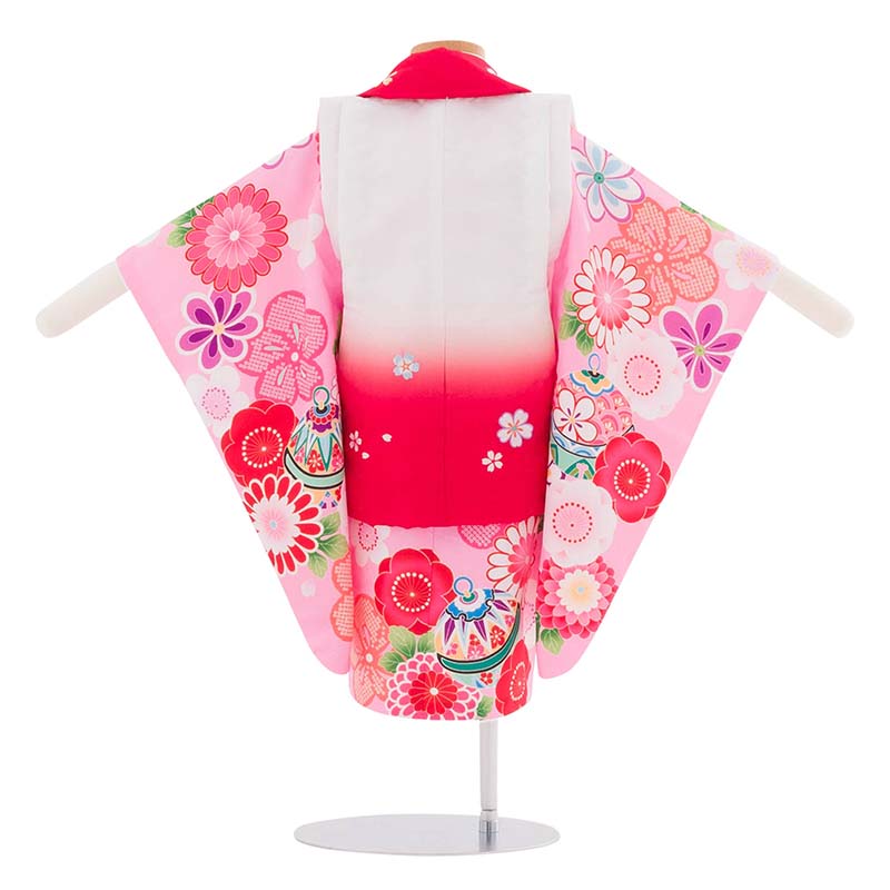 【レンタル】七五三 3歳 100サイズ 女の子 レンタル 着物 被布 ピンク/赤 白 菊 梅 手毬 桜 (6079)
