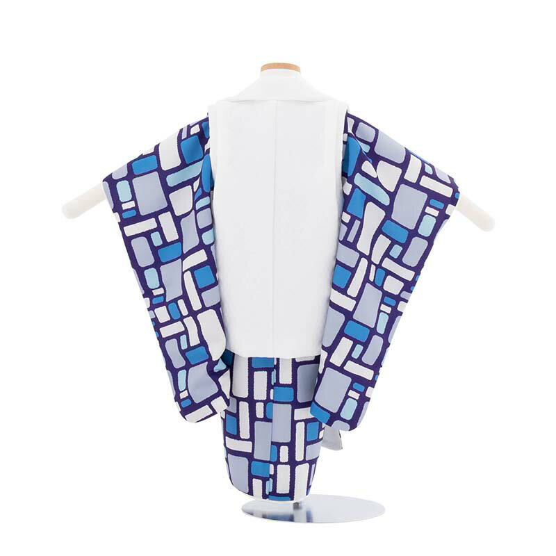 【レンタル】七五三 3歳 100 サイズ 男の子 レンタル 着物 被布 青/白 タイル モダン (6548)