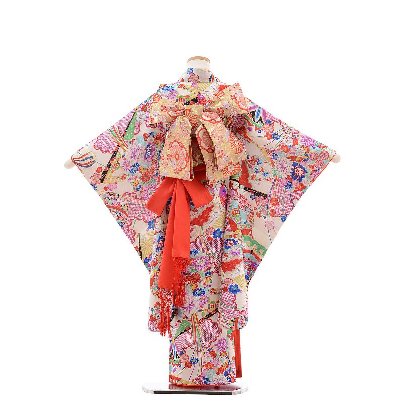 【レンタル】七五三 7歳 女の子 レンタル 四つ身 着物 (着付け 簡単) クリーム・四季花 鹿の子雲取 のし (7035) 2