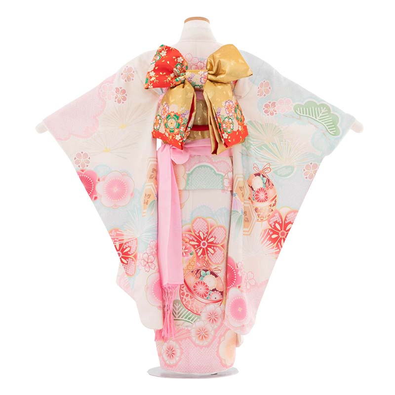 【レンタル】七五三 着物 7歳 女の子 120サイズ レンタル 四つ身 着物 (着付け 簡単) 白 パステルピンク 松竹梅 (7095) 2