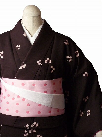 【レンタル】着物 レンタル 春秋冬用 レディース 袷 小紋 セット「Sサイズ」茶色・クローバー (1015)