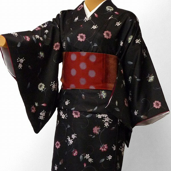 【レンタル】着物 レンタル 春秋冬用 レディース 袷 小紋 セット「Mサイズ」黒・アールヌーボー hiromichi nakano (1065)