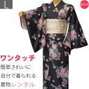 【レンタル】着物 レンタル 春秋冬用 レディース 袷 小紋 セット「Lサイズ」黒・椿・藤 (1094)