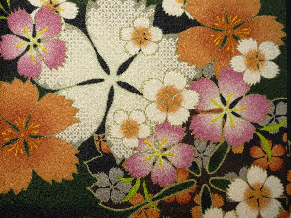 【レンタル】着物 レンタル 春秋冬用 レディース 袷 小紋 セット「Mサイズ」緑・なでしこ・桜 (1109)