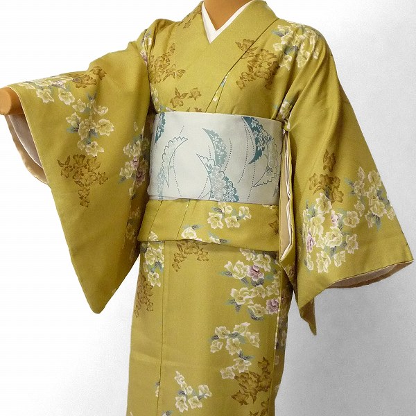 【レンタル】着物 レンタル 春秋冬用 レディース 袷 小紋 セット「Mサイズ」うぐいす色・りんどう (1121)