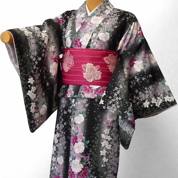 【レンタル】着物 レンタル 春秋冬用 レディース 袷 小紋 セット「Sサイズ」黒ボカシ・枝垂れ桜 (1118)