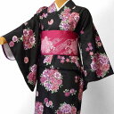 【レンタル】着物 レンタル 春秋冬用 レディース 袷 小紋 セット「XLサイズ」黒地・丸花束 (1156)