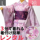 【レンタル】着物 レンタル 春秋冬用 レディース 袷 小紋 セット「Lサイズ」ピンク・ゆり (1158)
