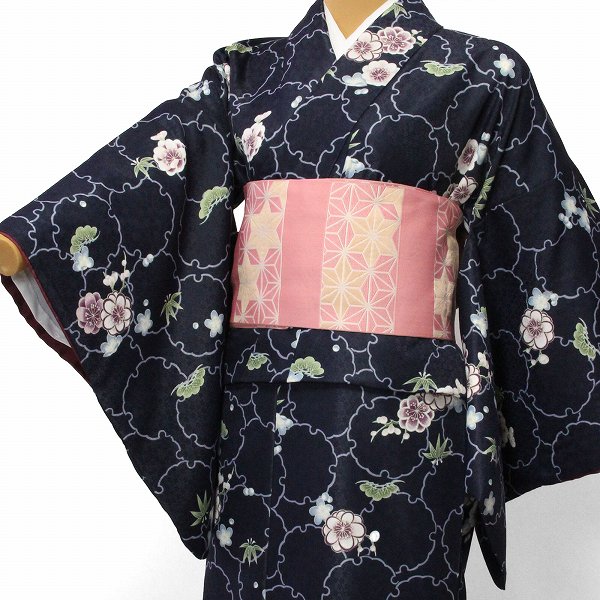 【レンタル】着物 レンタル 春秋冬用 レディース 袷 小紋 セット「XLサイズ」濃紺 松竹梅 雪輪 (1233)