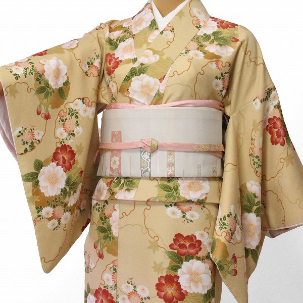 【レンタル】着物 レンタル 春秋冬用 レディース 袷 小紋 京袋帯(白) セット「Sサイズ」ベージュ・菊和服 和装 七五三/卒園式/卒業式 母 ママ 着付け簡単...