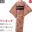【レンタル】着物 レンタル 春秋冬用 レディース 袷 小紋 名古屋帯 セット「Mサイズ」薄茶・桜菊 (1083a)