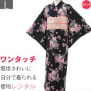 【レンタル】着物 レンタル 春秋冬用 レディース 袷 小紋 袋帯 セット「Lサイズ」黒・椿・藤 (1094a)