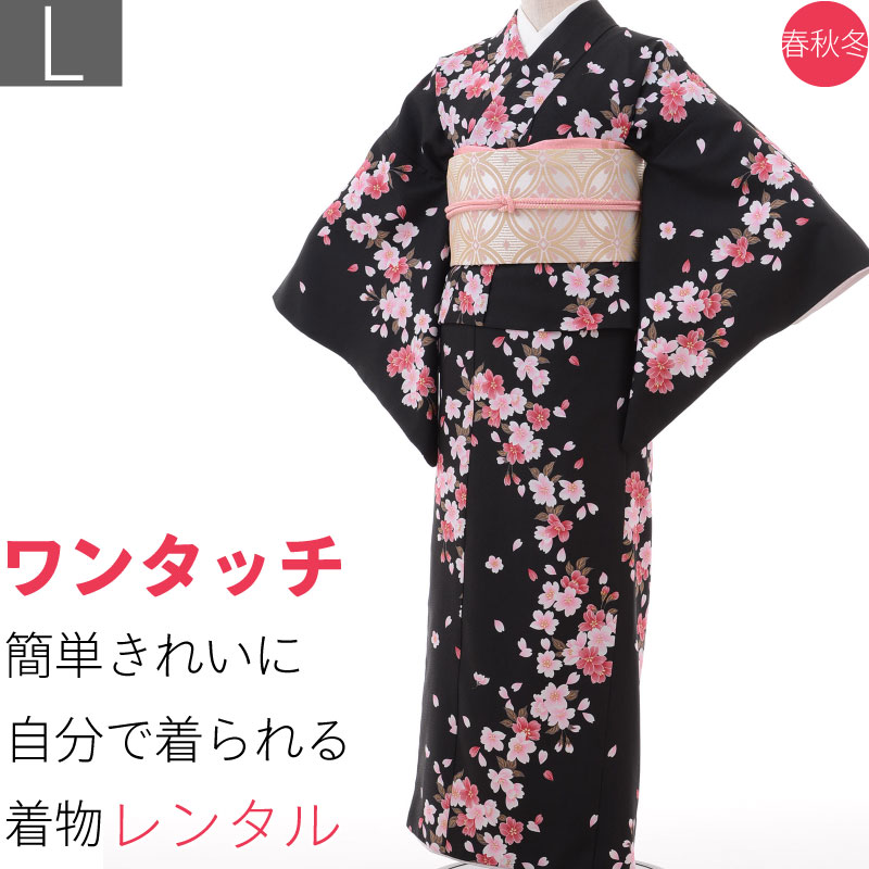 【レンタル】着物 レンタル 春秋冬用 レディース 袷 小紋 袋帯 セット「Lサイズ」黒・桜和服 レンタル (1116a)