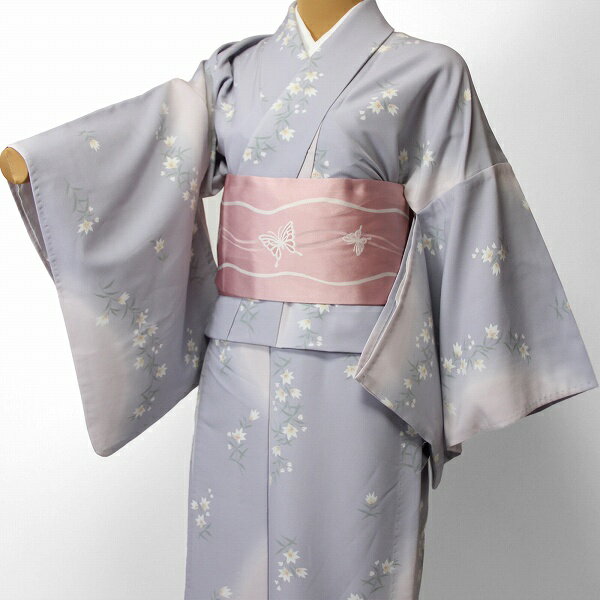 【レンタル】〔着物 レンタル〕単衣 レンタル(初夏・初秋用/女性用レディース単衣セット)「Mサイズ」グレー・桔梗 (3006)