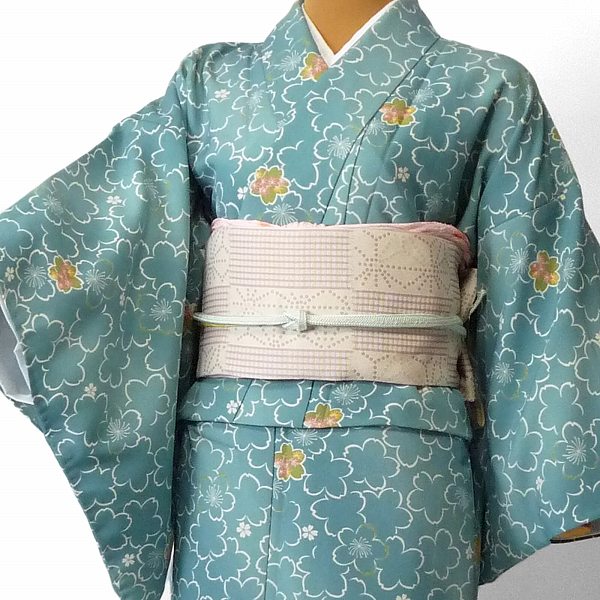 【レンタル】〔着物 レンタル〕単衣ハイグレード レンタル(初夏・初秋用/女性用レディース単衣)「Sサイズ」青緑・桜 (3008a)