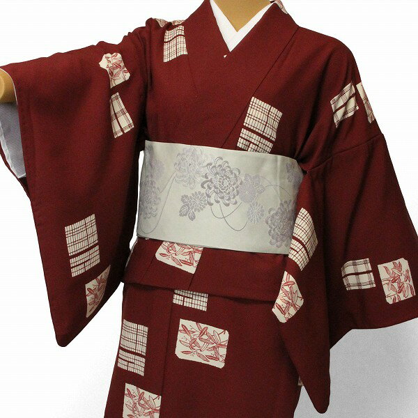 【レンタル】宅配レンタル 単衣着物セット「Lサイズ」赤・色紙文(初夏・初秋用/女性用レディース単衣) (3062)