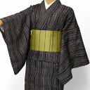 【レンタル】宅配レンタル 単衣着物セット「Lサイズ」黒・よろけ縞(初夏・初秋用/女性用レディース単衣) (3068)