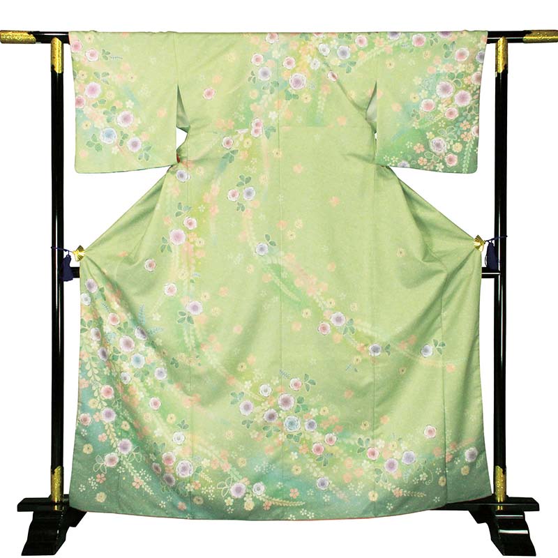 レンタル着物 みやこもんの【レンタル】訪問着 レンタル「Mサイズ」ヒワ色 辻が花 着物+袋帯 セット 着付け簡単自分で着られるワンタッチ着物 和服 レンタル パーティー・結婚式・披露宴 (2032a)｜アングル2