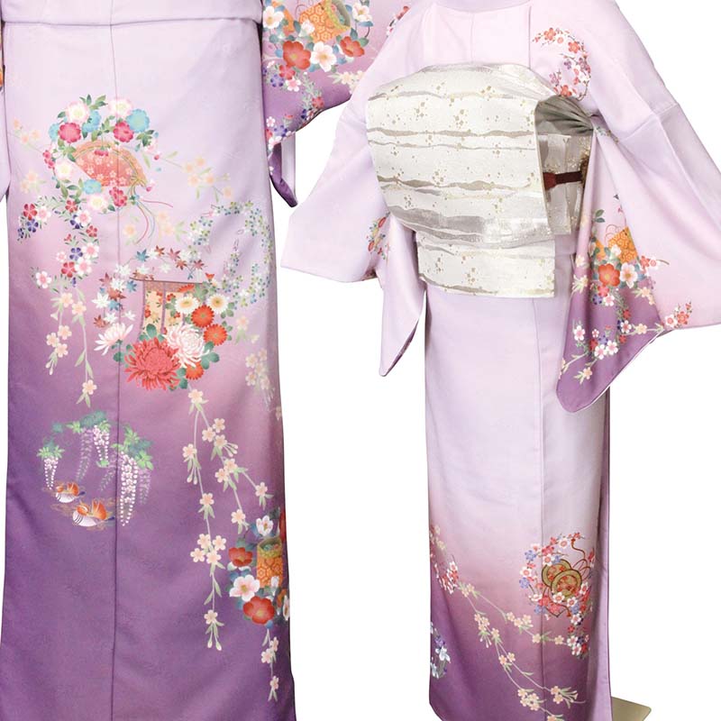 【レンタル】訪問着 レンタル パーティー 観劇 舞台衣装「Sサイズ」紫 花輪と几帳 着物+袋帯 セット ワンタッチ 着物 レンタル (2166a) 3