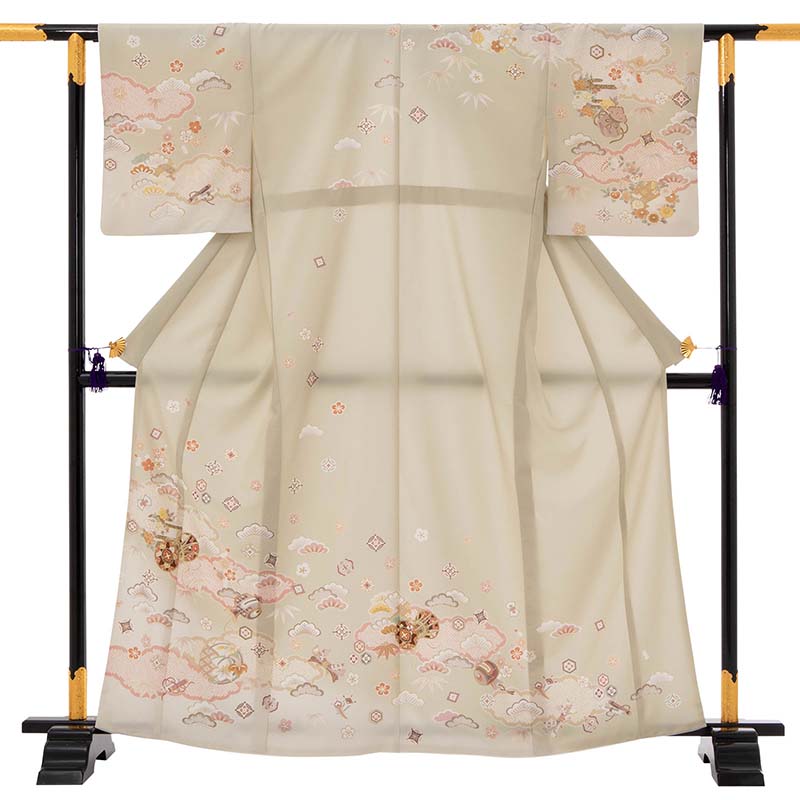 【レンタル】訪問着 レンタル 七五三 母 卒業式 入学式 「Lサイズ」薄ベージュ くすみ 鼓 松竹梅 フルセット ワンタッチ 簡単 (2378a)