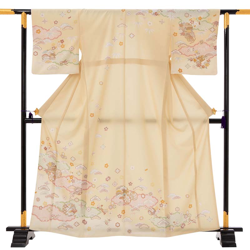 【レンタル】訪問着 レンタル 七五三 母 卒業式 入学式 「Lサイズ」薄黄 玉子色 くすみ 鼓 松竹梅 フルセット ワンタッチ 簡単 (2383a)