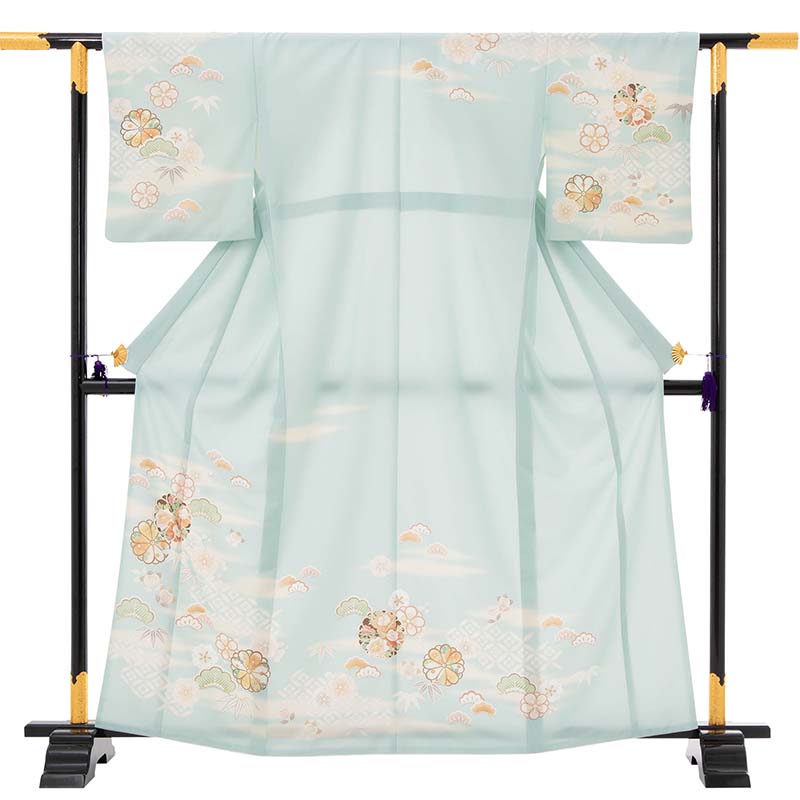 【レンタル】訪問着 レンタル 七五三 母 卒業式 入学式 「Mサイズ」パステルブルー 水色 丸菊取り 松竹梅 フルセット ワンタッチ 簡単 (2392a)